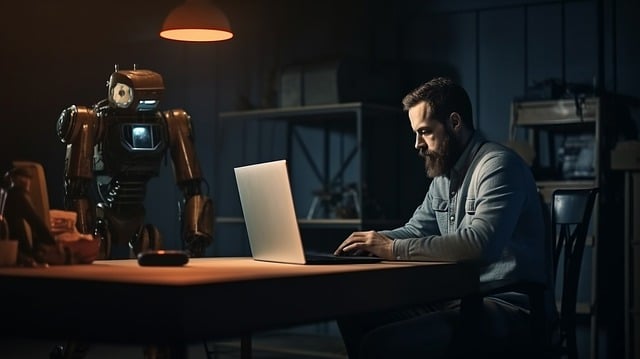 A imagem mostra um homem sentado em uma mesa, trabalhando em um laptop. Ele parece estar focado na tarefa. Ao lado dele, há um robô que parece estar observando as ações do homem. O homem também está usando um teclado enquanto trabalha no laptop.

O ambiente possui alguns outros objetos, como um celular colocado na mesa, um livro próximo ao laptop e uma xícara situada mais longe do homem. A cena parece ser um espaço de trabalho onde o homem e o robô estão engajados em suas respectivas atividades.