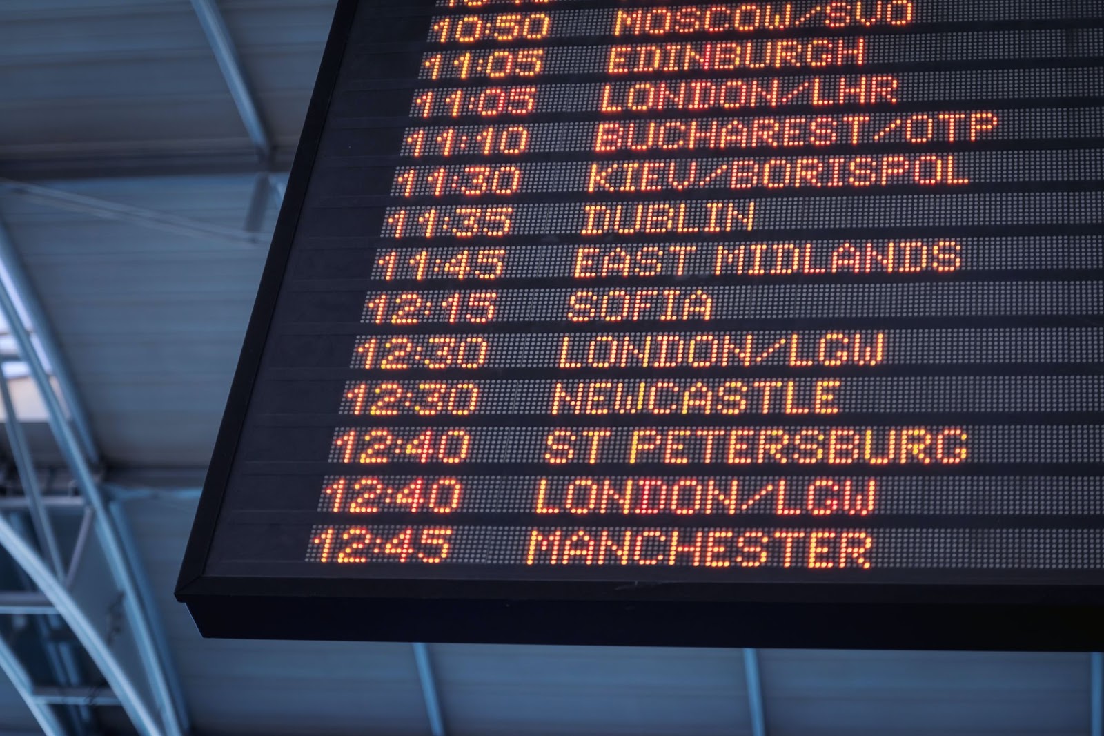 Painel de aeroporto mostrando a hora em diferentes cidades do mundo.