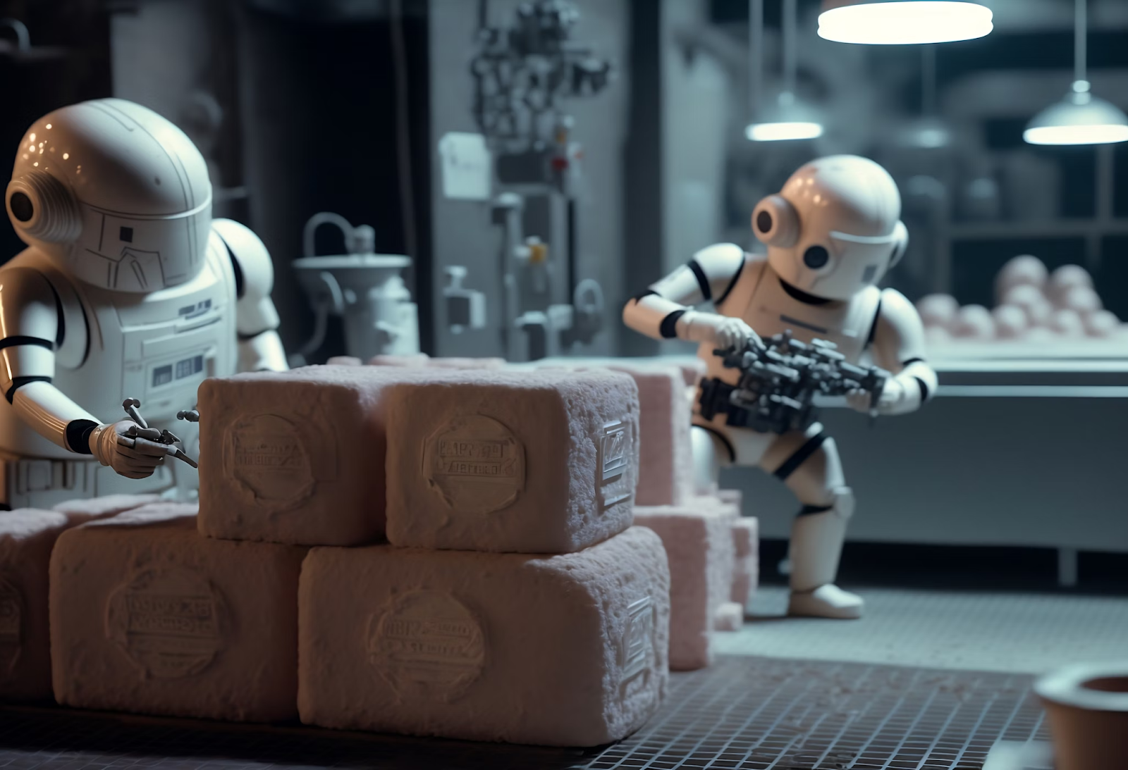 A imagem retrata uma cena com um grupo de bonecos de ação de stormtrooper da franquia Star Wars. Há três bonecos no total, sendo que um deles segura uma arma e está em pé na frente de um monte de bolo. Os outros dois bonecos estão posicionados próximos, um do lado esquerdo e outro do lado direito da cena.